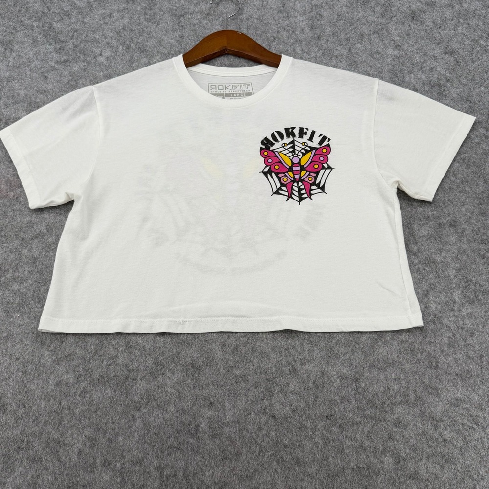 Rokfit Athletic Streetwear White Butterfly Spiderweb Graphic Crop Top Large